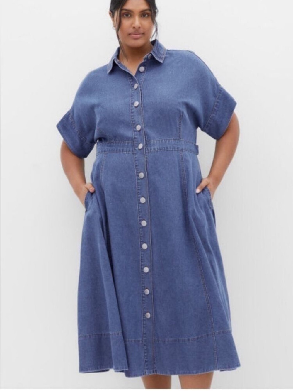City Chic Washed Indigo Button-Front Pockets Midi Dress Denim Look Size 16